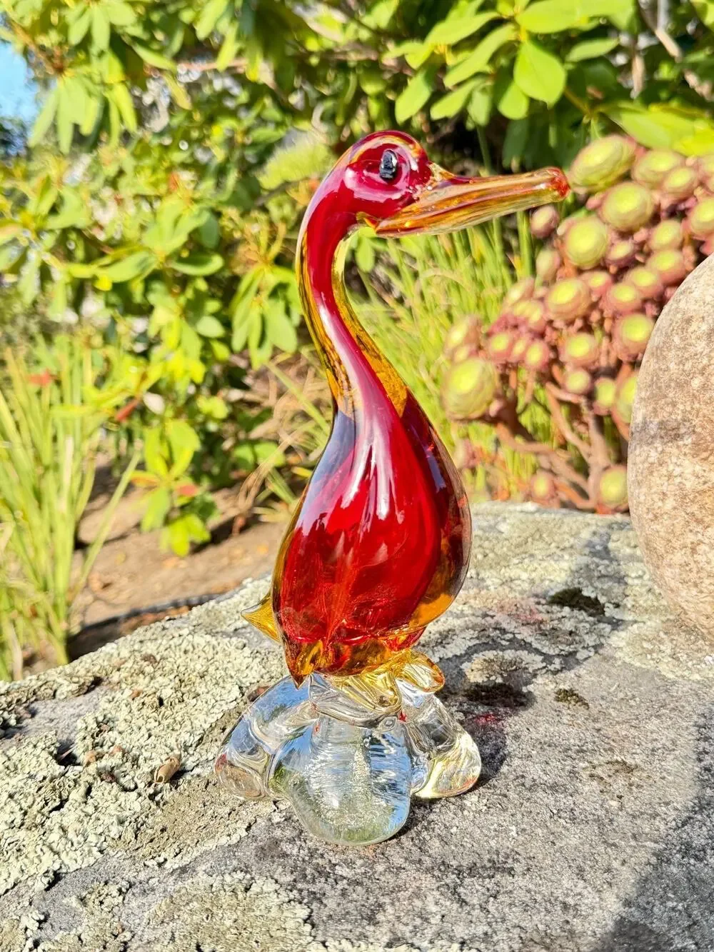 Vintage 1960s 70s Hand Blown Art Glass Pelican Red Amber Clear Murano Style 9in